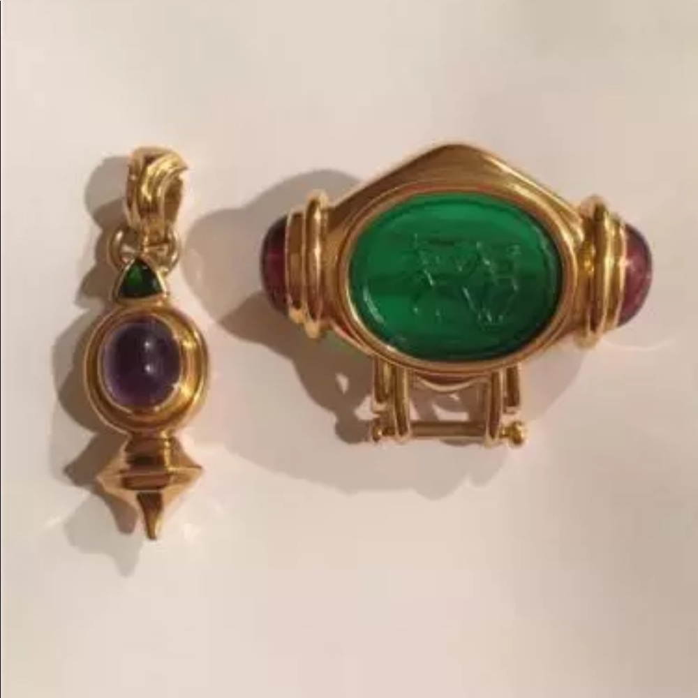 TAGLIAMONTE 18K GOLD VENETIAN GLASS WITH RUBY CABACHON BROOCH 2 PIECES - Picture 2 of 7